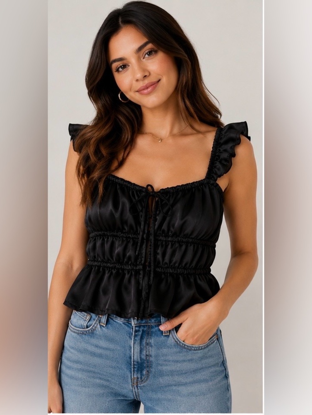 Forever 21 Black Satin Ruffle Tie-Front Crop Top